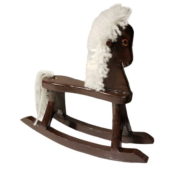 Handcrafted Brown & White Wooden Rocking Horse Toy Decor - Picture 3 of 8